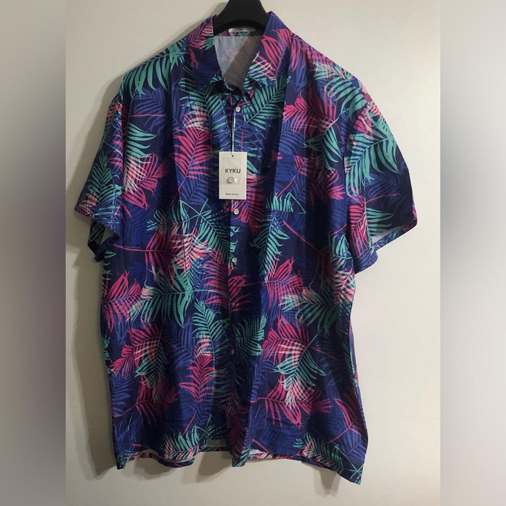 KYKU men’s shirt Hawaiian coconut leafs print buttons down side pocket blue4XL.